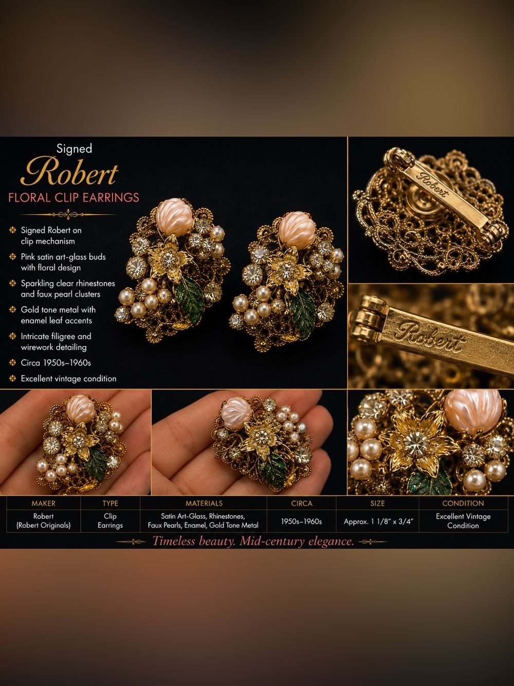Vintage Signed Robert Earrings in Pink Glass Rhinestone Faux Pearl